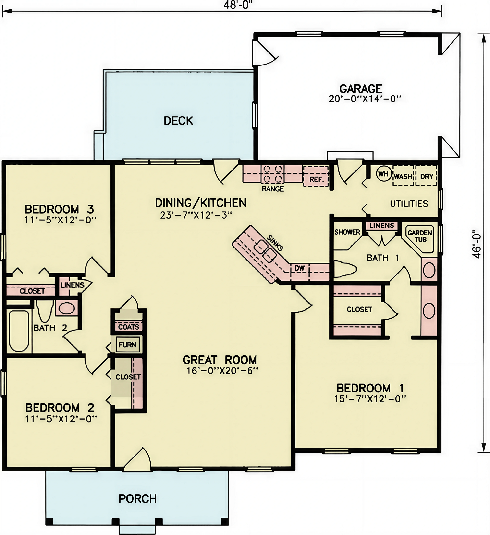 A8188-A Ranch House First Floor Plan, 3 Bedrooms, 2 Bathrooms | Jericho House Plan 