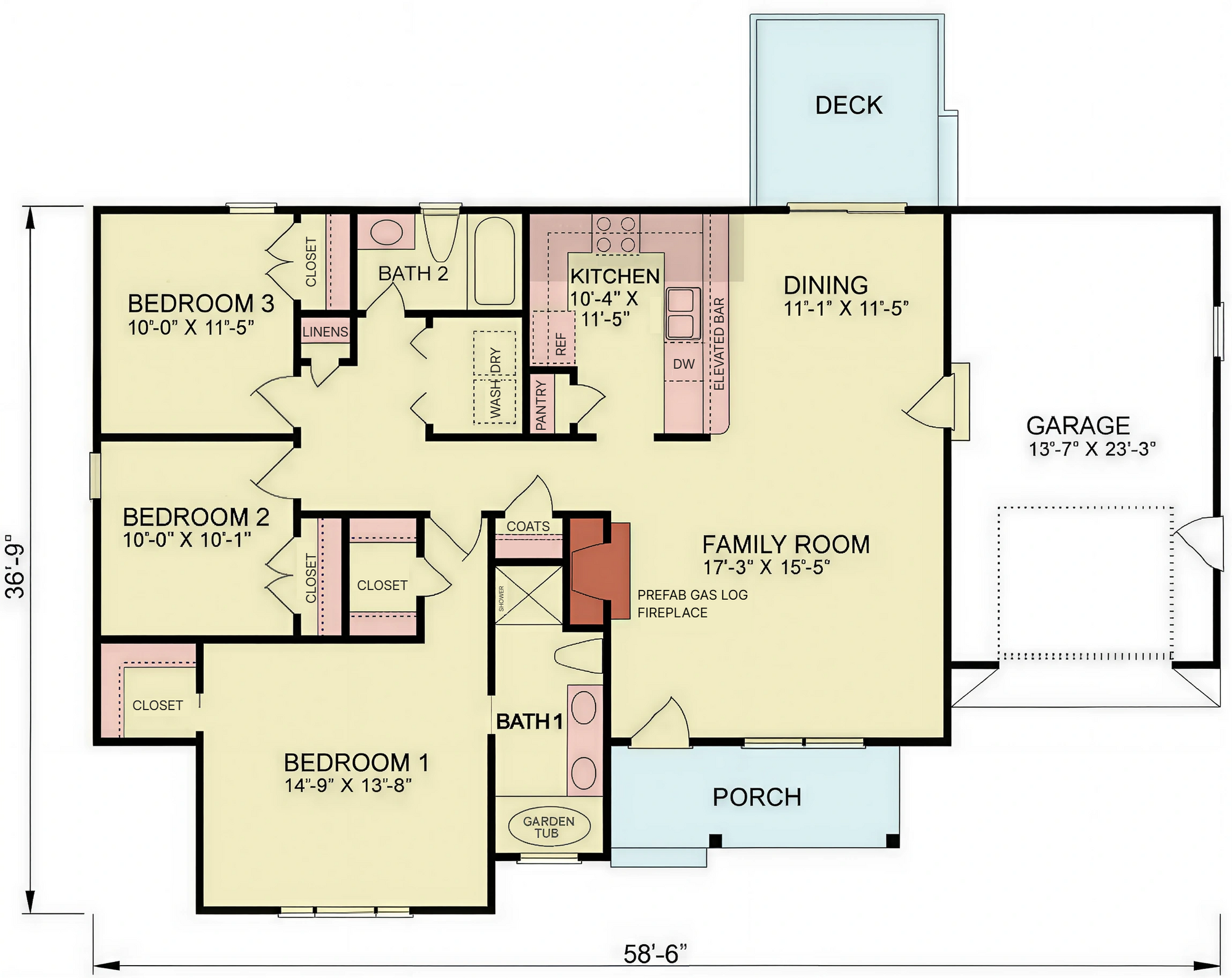 A8191-A Traditional House First Floor Plan, 3 Bedrooms, 2 Bathrooms | Alice House Plan 