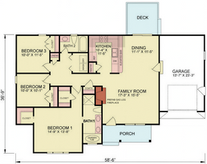 A8191-A Traditional House First Floor Plan, 3 Bedrooms, 2 Bathrooms | Alice House Plan 