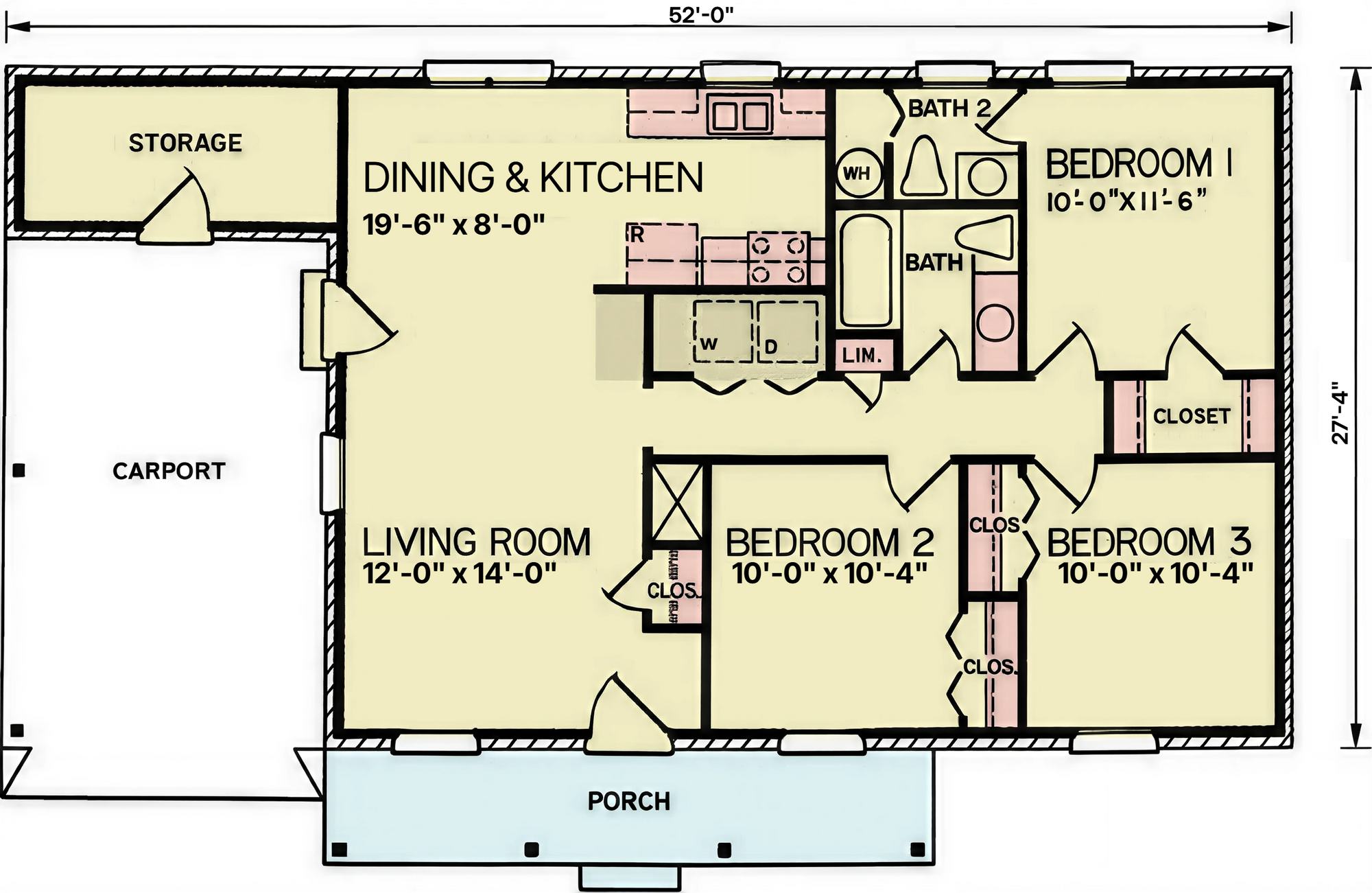 A8210-A Traditional House First Floor Plan, 3 Bedrooms, 1.5 Bathrooms | York House Plan 