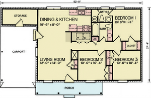 A8210-A Traditional House First Floor Plan, 3 Bedrooms, 1.5 Bathrooms | York House Plan 
