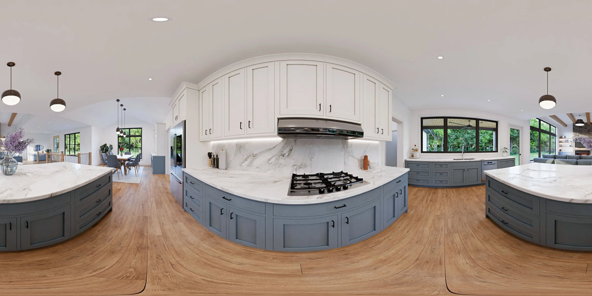 AJ7641-A Modern Transitional House Kitchen Panorama, 3 Bedrooms, 2 Bathrooms | Plan VD1065 