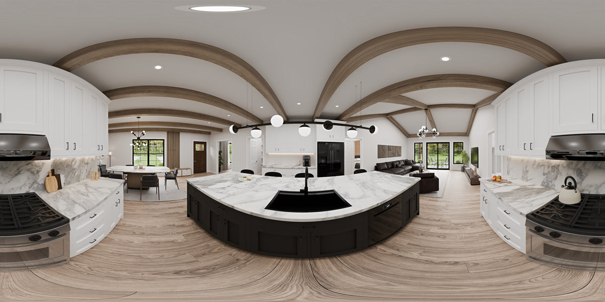 AJ7727-A Modern Farmhouse Kitchen Panorama, 3 Bedrooms, 2 Bathrooms | Plan 1064 