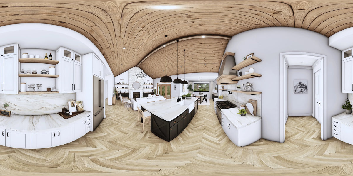 A7571-A Modern House Kitchen Panorama, 3 Bedrooms, 3.5 Bathrooms | Sweet Clover House