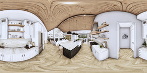 A7571-A Modern House Kitchen Panorama, 3 Bedrooms, 3.5 Bathrooms | Sweet Clover House