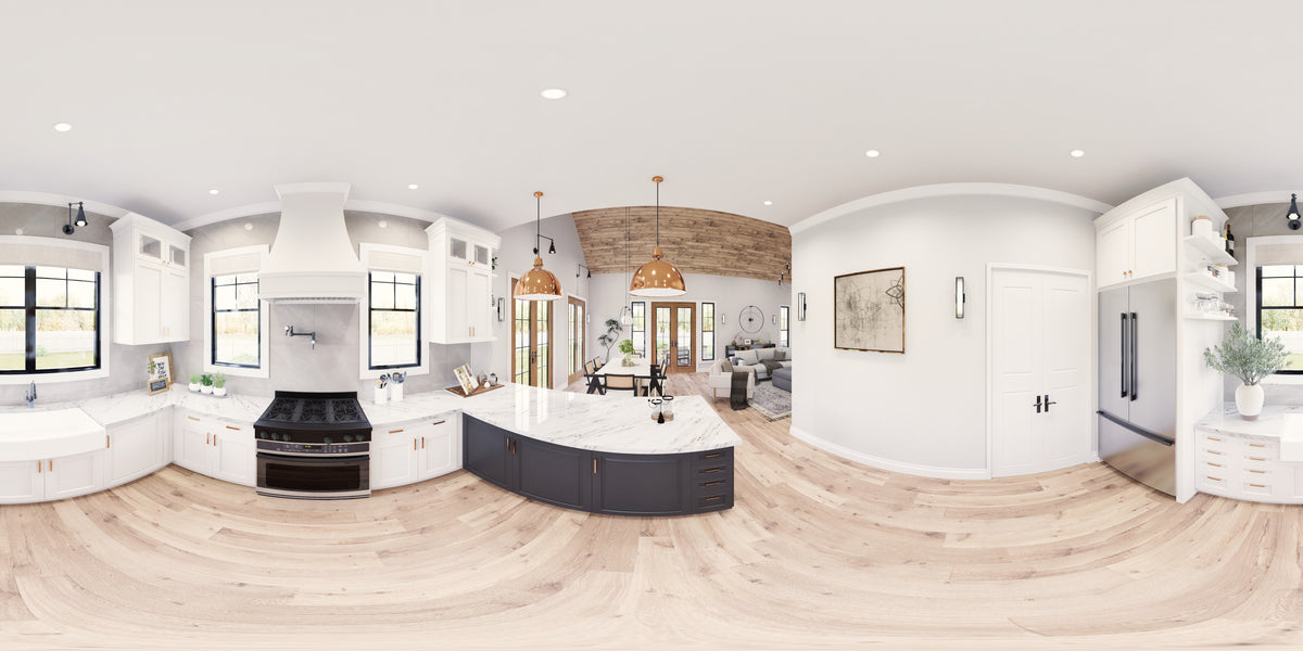 A8073-A Modern Farmhouse Kitchen Panorama, 3 Bedrooms, 2.5 Bathrooms | Persimmon House Plan 