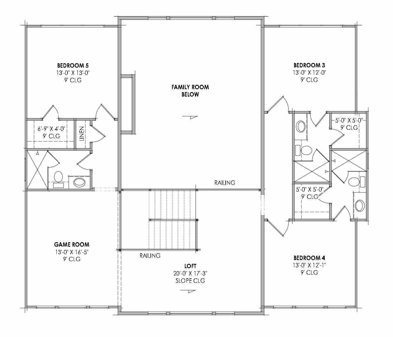 R8383-A Contemporary Mountain House Second Floor Plan, 5 Bedrooms, 5.5 Bathrooms | LG192 House Plan 