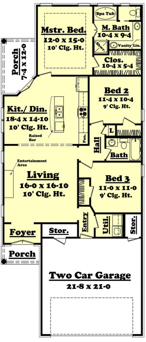 H7284-A Lefleur House First Floor Plan 3 Beds, 2 Baths