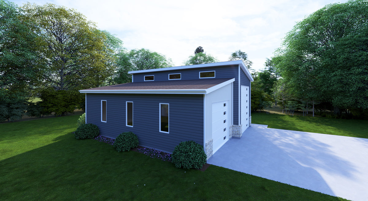 Four-Car Detached Garage Plan with 16-Foot Ceilings & Modern Style