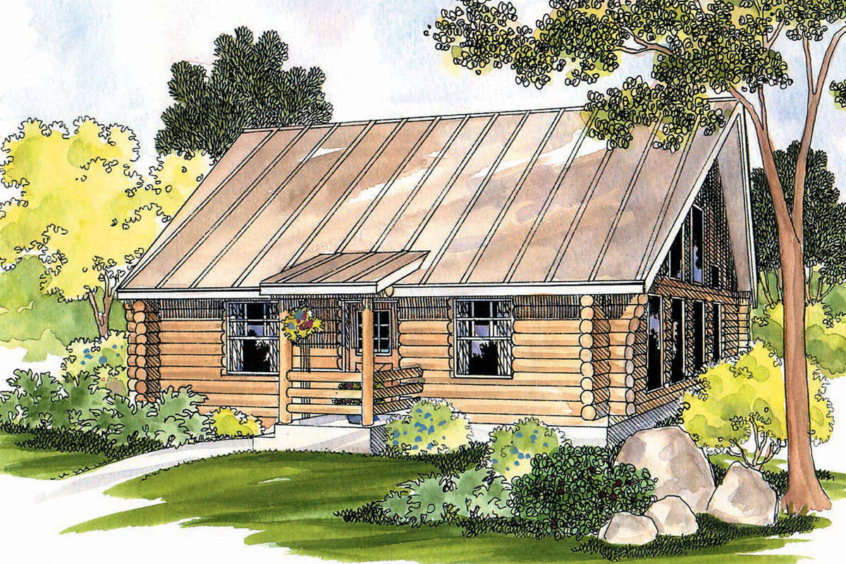 Cozy 1-Bedroom Log Cabin Home Plan with 2-Car Garage – 960 Sq Ft