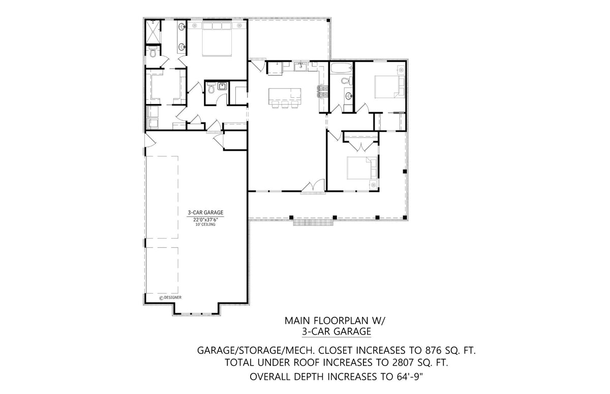 C7434-A Mayfield 2 House Plan First Floor Plan with 3 Bays Side Load Garage 