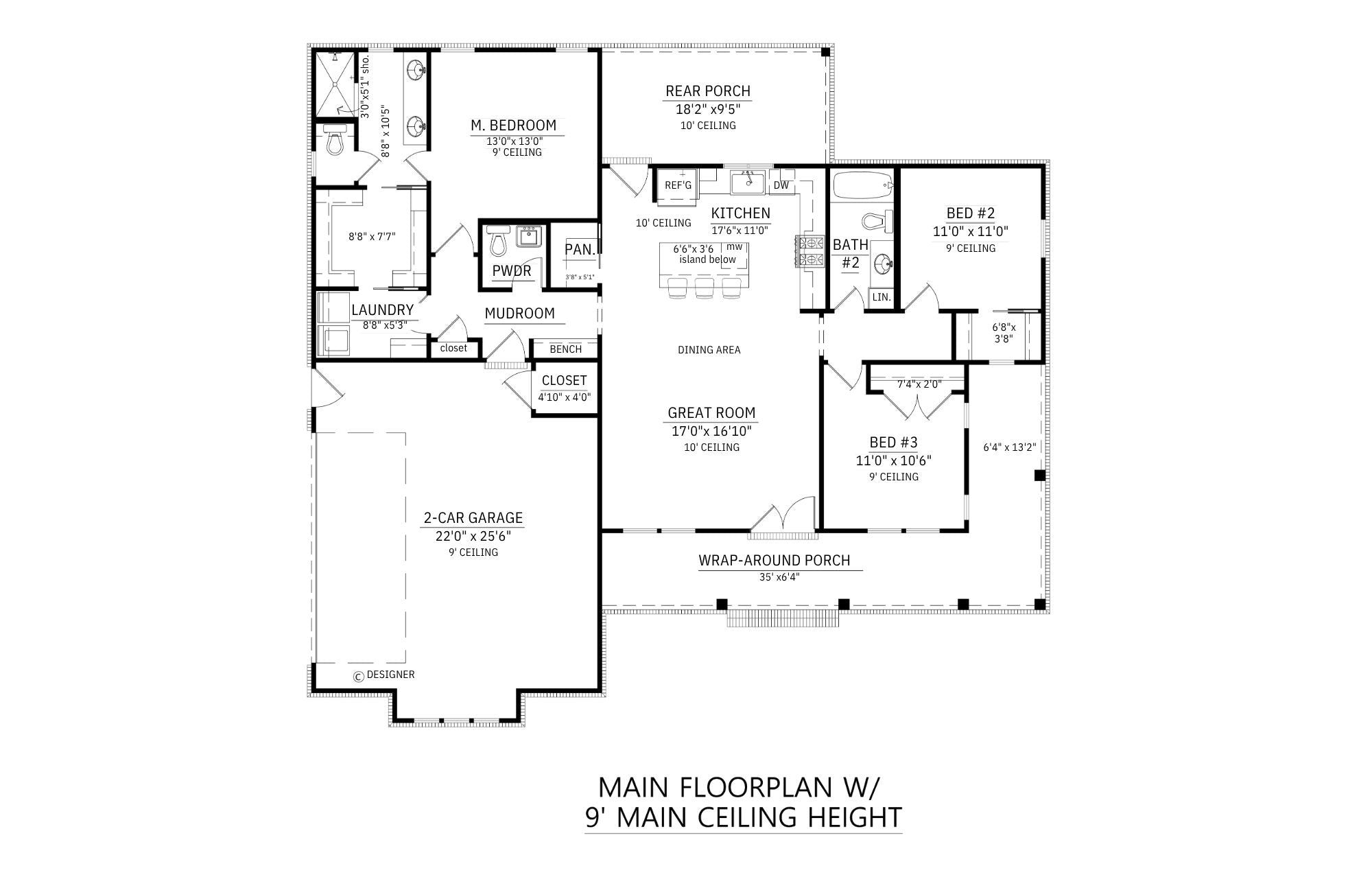 C7434-A Mayfield 2 House Plan First Floor Plan with 9' Main Ceiling Height