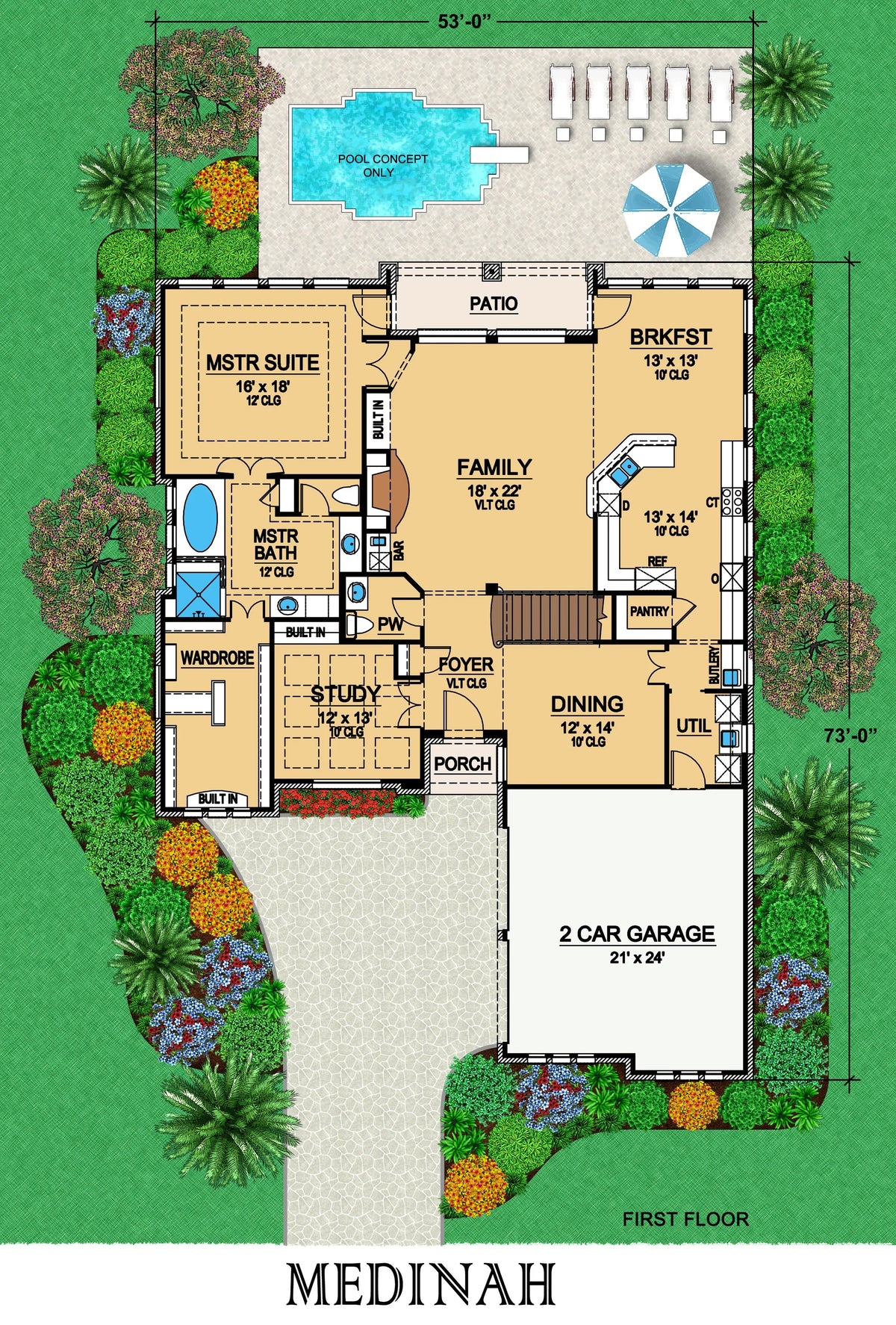 F7577-A Traditional House First Floor Plan, 3 Bedroom, 3.5 Bathrooms | Medinah House 