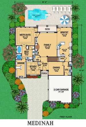 F7577-A Traditional House First Floor Plan, 3 Bedroom, 3.5 Bathrooms | Medinah House 