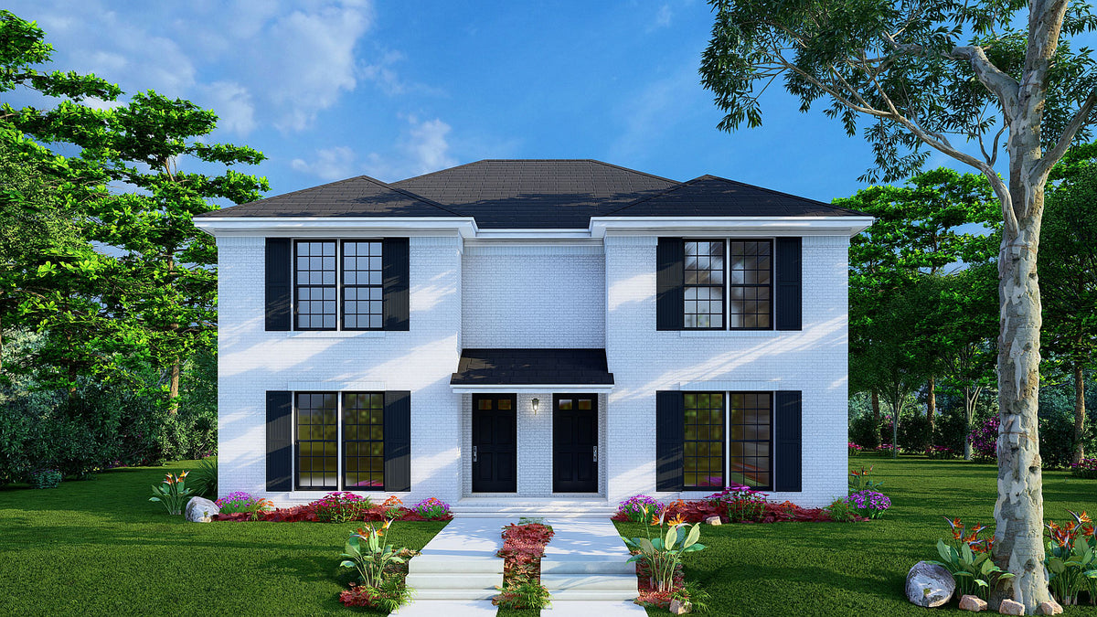 AE7813-A Traditional Duplex House, 3 Bedrooms, 1.5 Bathrooms per unit | Park Place Exterior-3