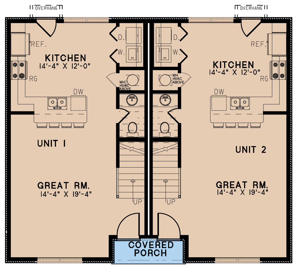 AE7813-A Traditional Duplex House First Floor Plan, 3 Bedrooms, 1.5 Bathrooms per unit | Park Place 