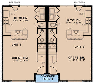 AE7813-A Traditional Duplex House First Floor Plan, 3 Bedrooms, 1.5 Bathrooms per unit | Park Place 