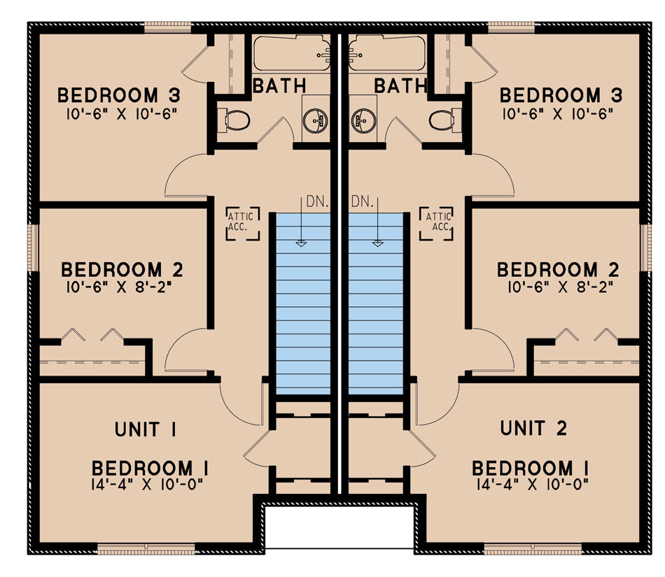 AE7813-A Traditional Duplex House Second Floor Plan, 3 Bedrooms, 1.5 Bathrooms per unit | Park Place 