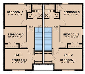 AE7813-A Traditional Duplex House Second Floor Plan, 3 Bedrooms, 1.5 Bathrooms per unit | Park Place 