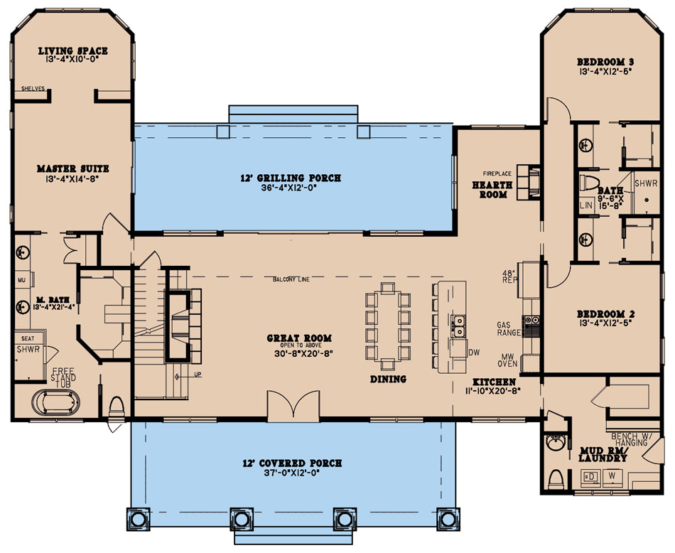 AE7814-A Country House First Floor Plan, 5 Bedrooms, 5.5 Bathrooms | Southern Exposure 