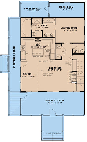 AE7838-A Farmhouse House First Floor Plan, 3 Bedrooms, 2.5 Bathrooms | Rivers Edge 