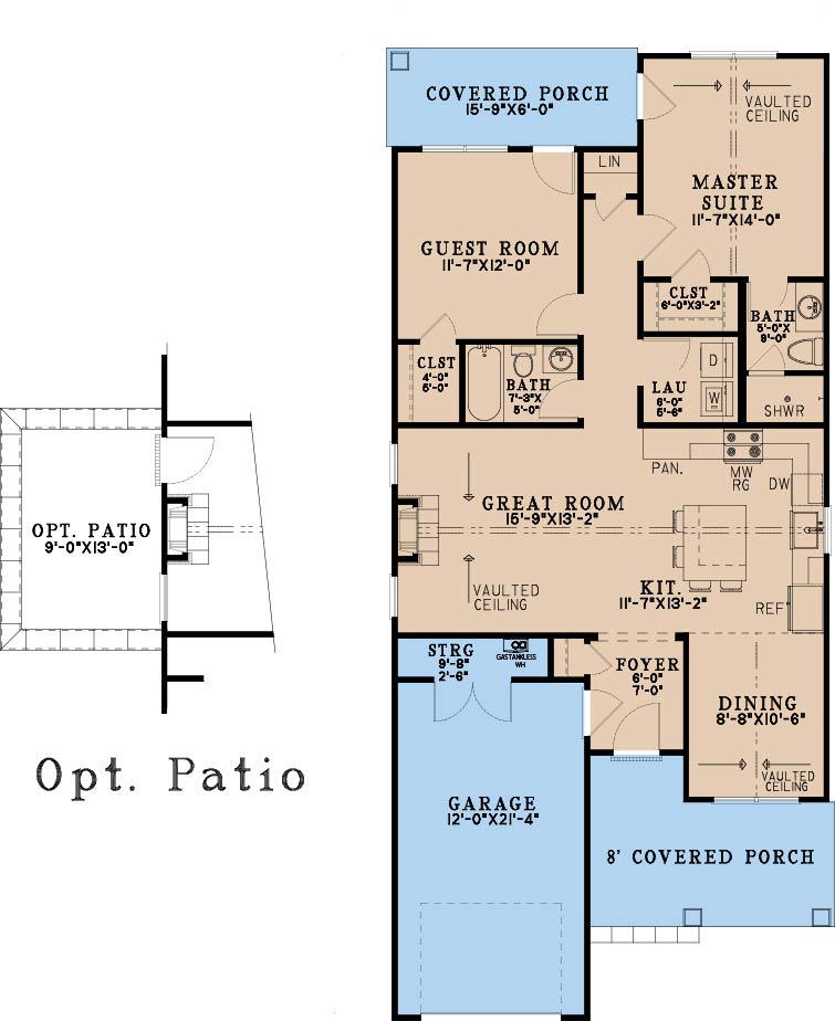 AE7839-A Craftsman House First Floor Plan, 2 Bedrooms, 2 Bathrooms | Abigail Place 