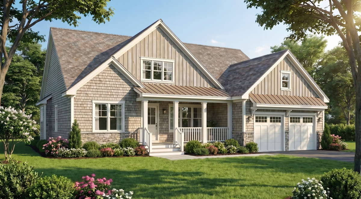 AE8395-A Farmhouse House, 3 Bedrooms, 2.5 Bathrooms | Summertime Cottage House Plan Exterior