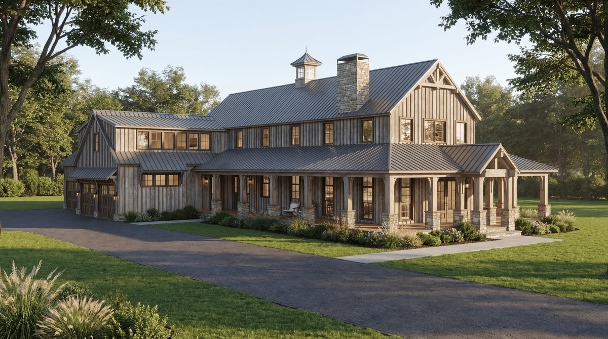 Saddle Ridge Farm House Plan | 4 Bedroom Farmhouse with Wraparound Porch & 4-Car Garage