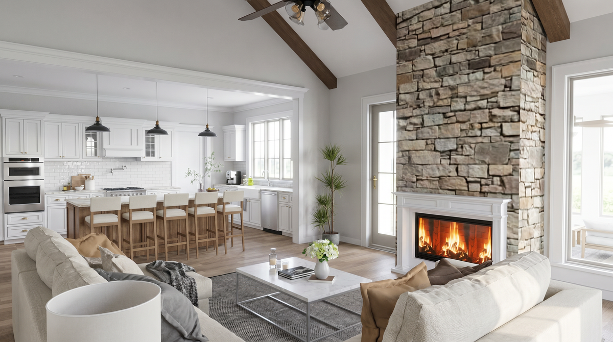 AE8404-A Farmhouse House, 4 Bedrooms, 3.5 Bathrooms | Hanover Farms House Plan Great Room