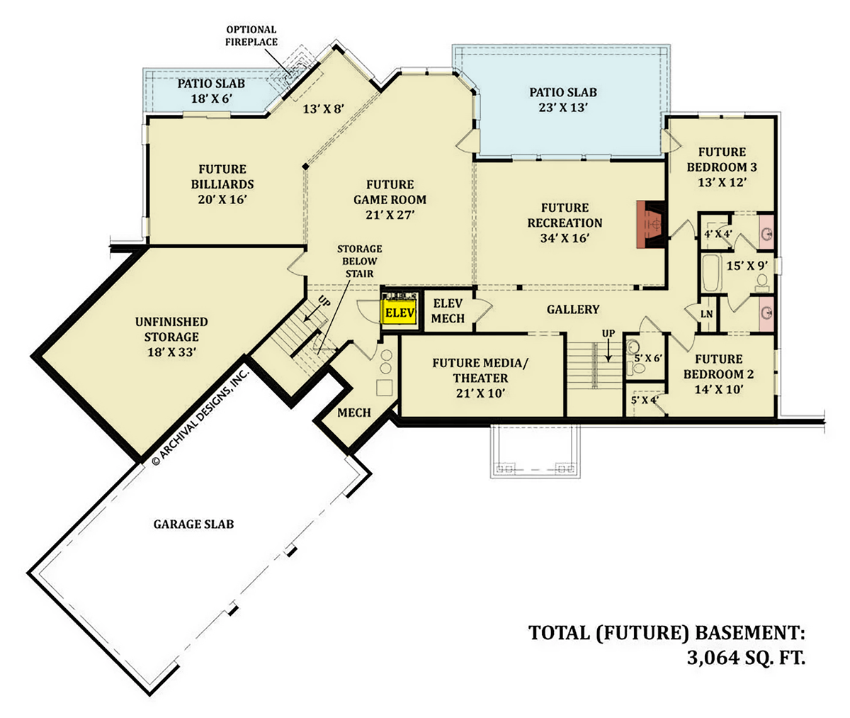 A285-A Rustic Cottage Style 3 Bedrooms, 2 Bathrooms Basement Floor Plan