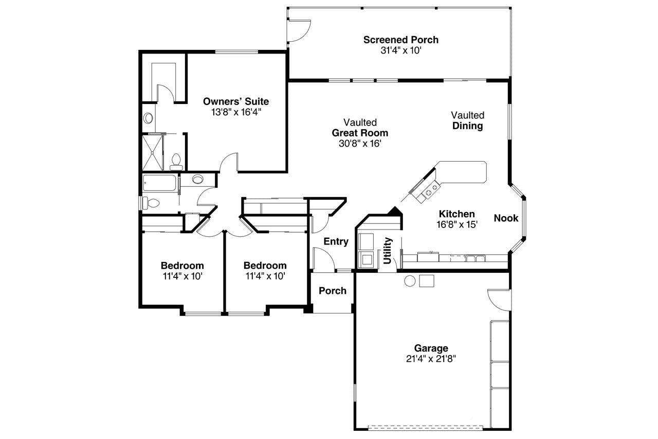 AM7788-A Southwestern House First Floor Plan, 3 Bedrooms, 2 Bathrooms | 11-031 Camille 
