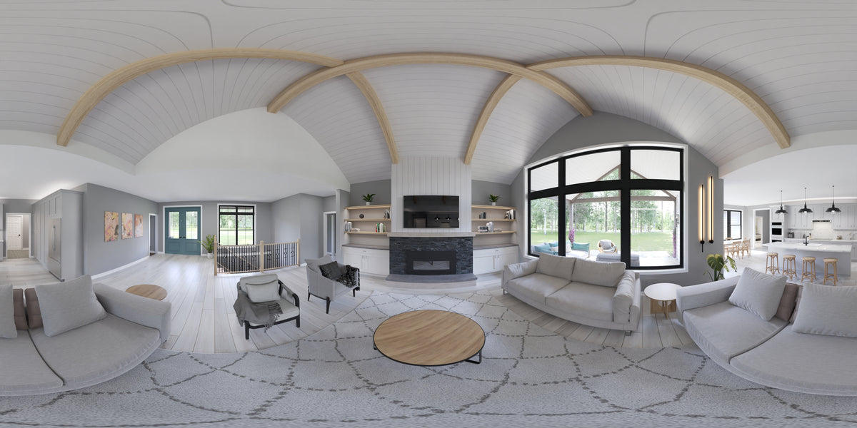 AJ7698-A Modern Farmhouse Great Room Panorama, 3 Bedrooms, 2.5 Bathrooms | Plan 1042 