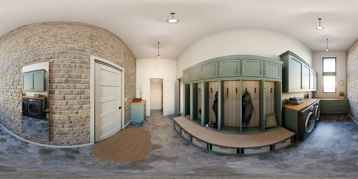 AJ7706-A Modern Ranch House Mud Room Panorama, 3 Bedrooms, 2.5 Bathrooms | Plan 1053 