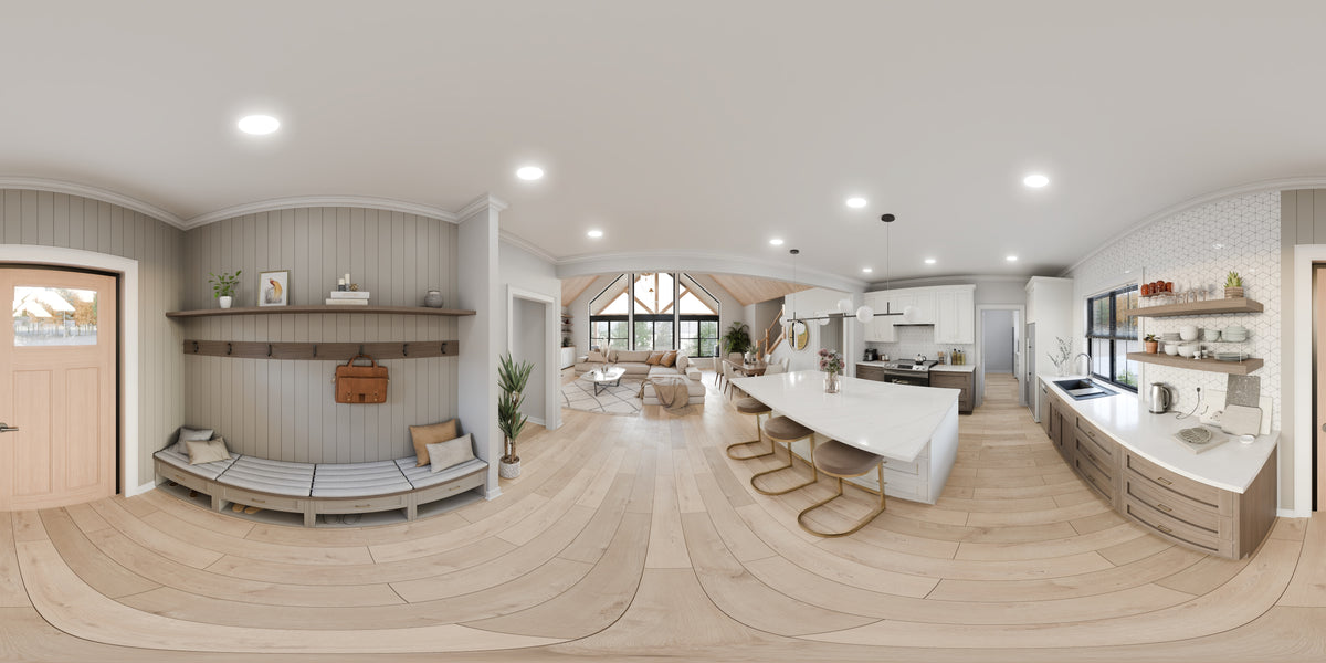 AJ7709-A Modern Barndominium House Mud Room Panorama, 2 Bedrooms, 2 Bathrooms | Plan 1058 