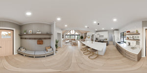 AJ7709-A Modern Barndominium House Mud Room Panorama, 2 Bedrooms, 2 Bathrooms | Plan 1058 