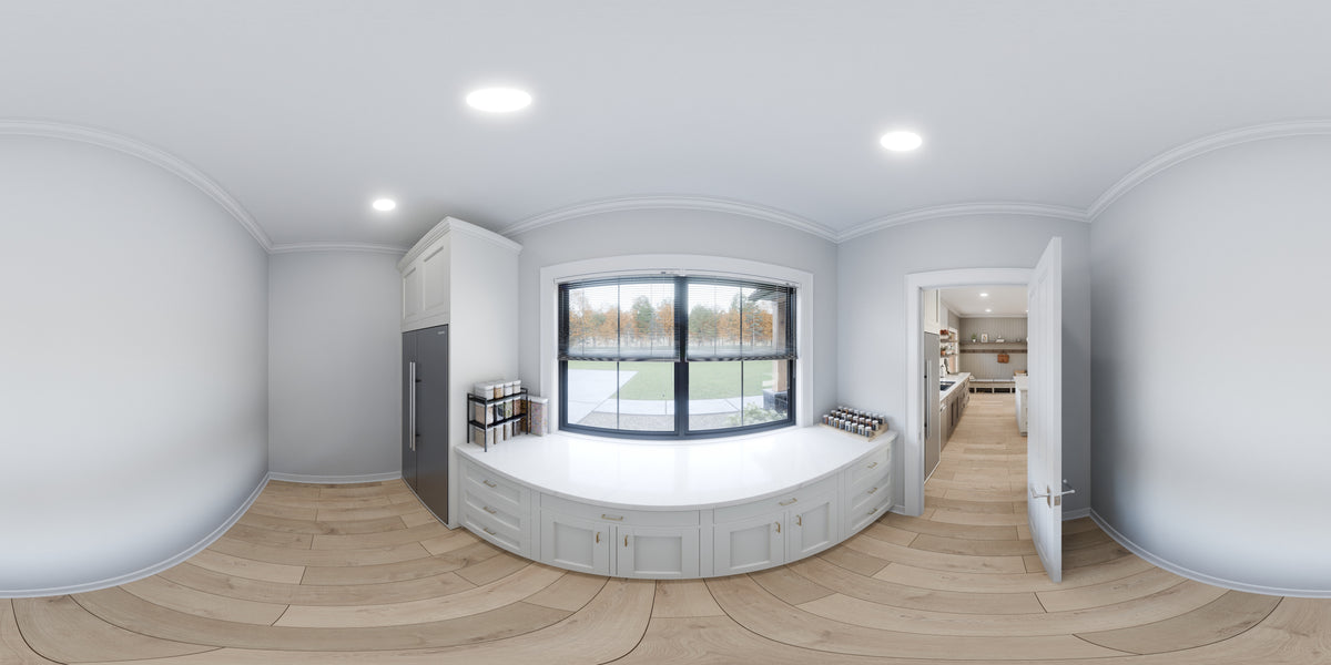 AJ7709-A Modern Barndominium House Pantry Panorama, 2 Bedrooms, 2 Bathrooms | Plan 1058 