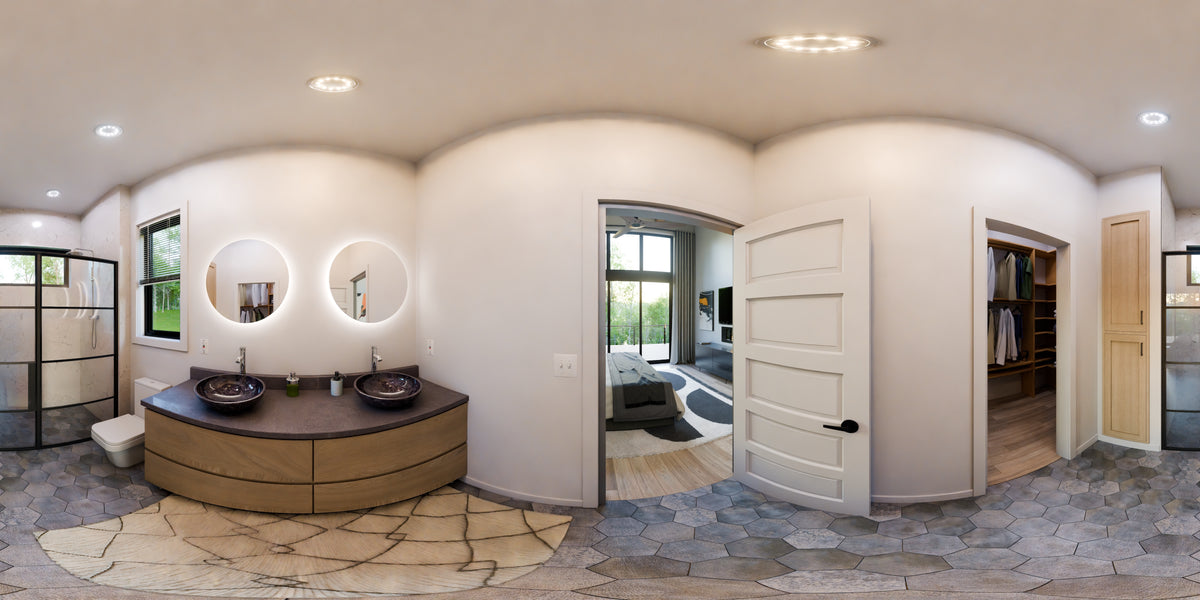 AJ7706-A Modern Ranch House Master Bathroom Panorama, 3 Bedrooms, 2.5 Bathrooms | Plan 1053 