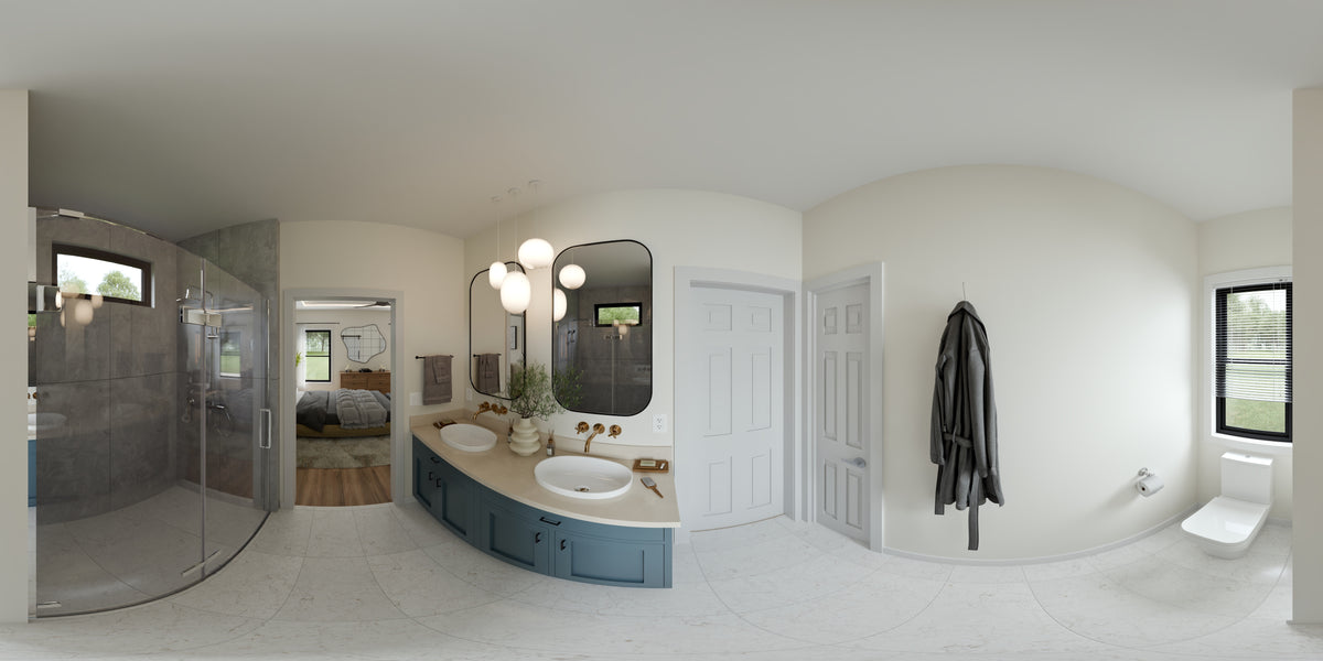 AJ7703-A Modern Barn House Master Bathroom Panorama, 2 Bedrooms, 2 Bathrooms | Plan 1049 