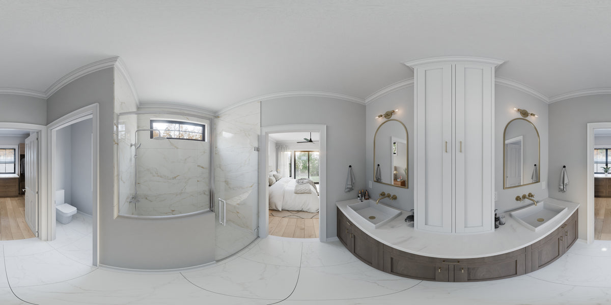 AJ7709-A Modern Barndominium House Master Bath Panorama, 2 Bedrooms, 2 Bathrooms | Plan 1058 