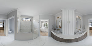 AJ7709-A Modern Barndominium House Master Bath Panorama, 2 Bedrooms, 2 Bathrooms | Plan 1058 