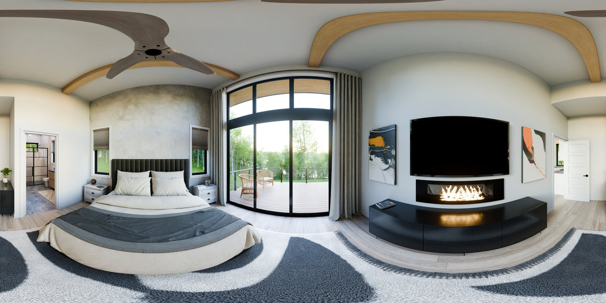 AJ7706-A Modern Ranch House Master Bedroom Panorama, 3 Bedrooms, 2.5 Bathrooms | Plan 1053 