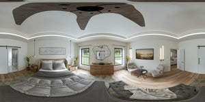 AJ7703-A Modern Barn House Master Bedroom Panorama, 2 Bedrooms, 2 Bathrooms | Plan 1049  