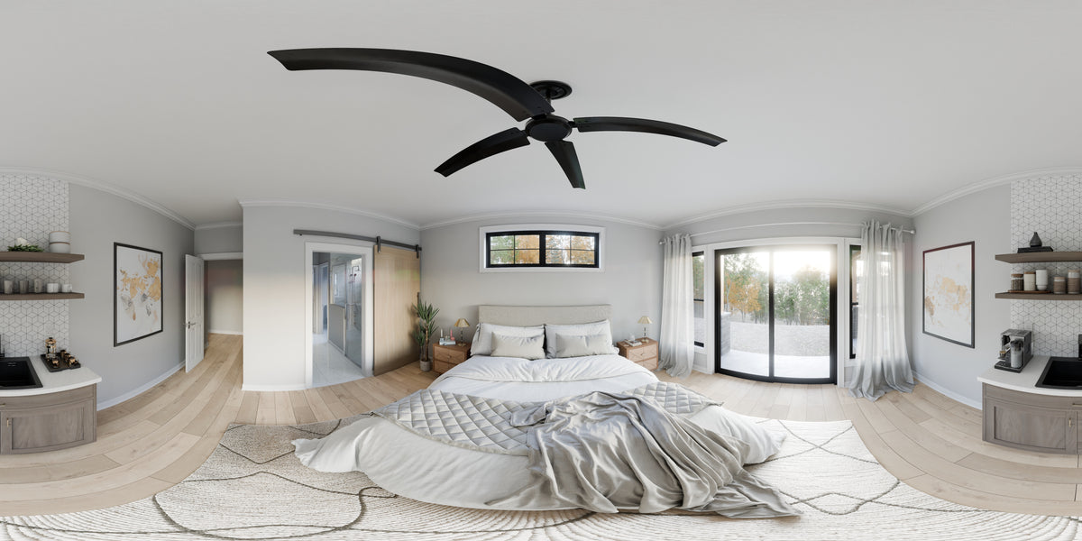 AJ7709-A Modern Barndominium House Master Bed Panorama, 2 Bedrooms, 2 Bathrooms | Plan 1058 