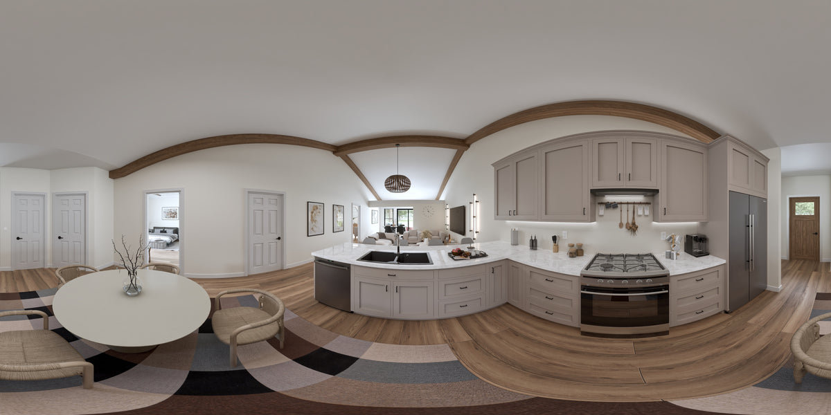 AJ7703-A Modern Barn House Dining Panorama, 2 Bedrooms, 2 Bathrooms | Plan 1049 