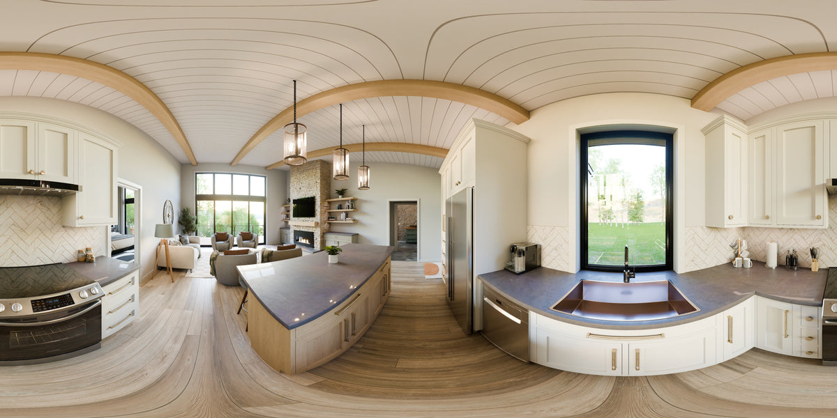 AJ7706-A Modern Ranch House Kitchen Panorama, 3 Bedrooms, 2.5 Bathrooms | Plan 1053 