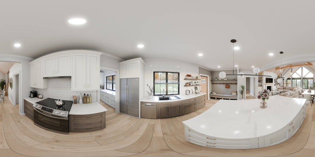 AJ7709-A Modern Barndominium House Kitchen Panorama, 2 Bedrooms, 2 Bathrooms | Plan 1058 
