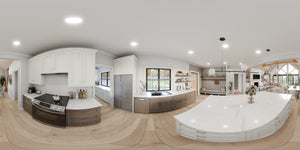 AJ7709-A Modern Barndominium House Kitchen Panorama, 2 Bedrooms, 2 Bathrooms | Plan 1058 