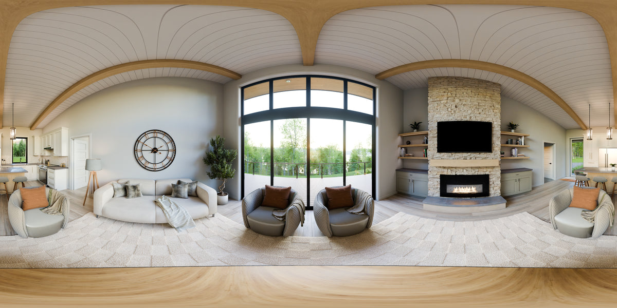 AJ7706-A Modern Ranch House Living Room Panorama, 3 Bedrooms, 2.5 Bathrooms | Plan 1053 