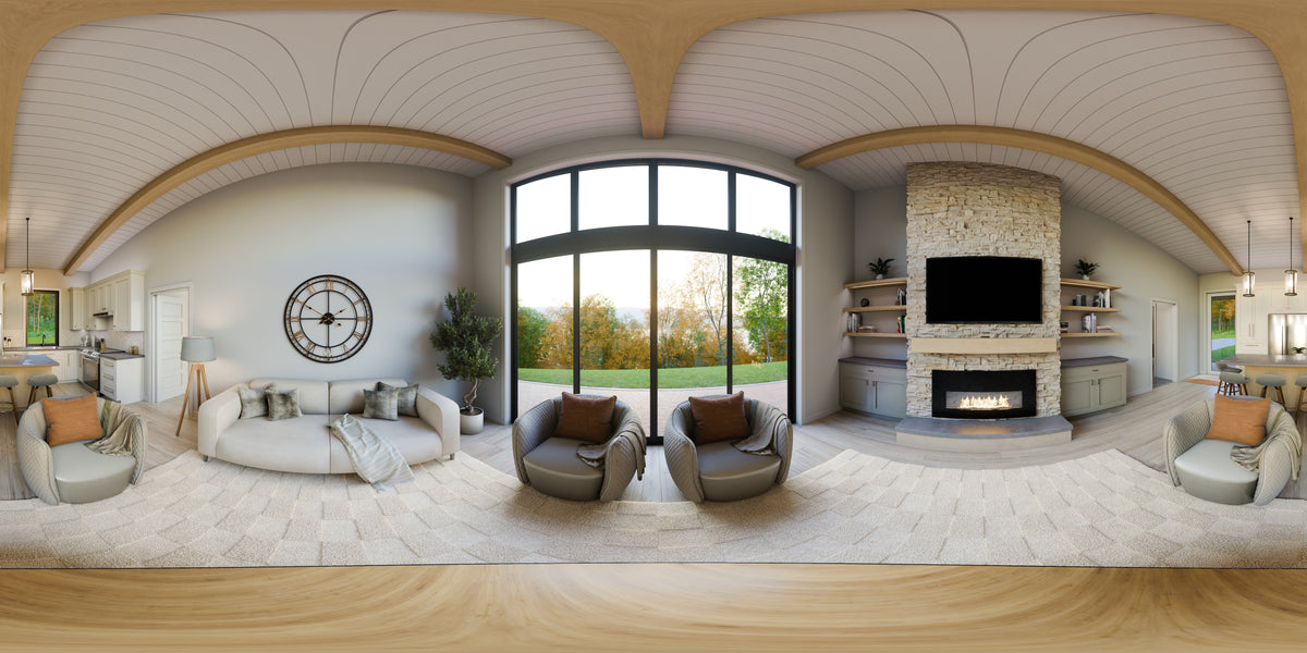 AJ7705-A Contemporary House Living Room Panorama, 1 Bedroom, 1.5 Bathroom | Plan 1052 