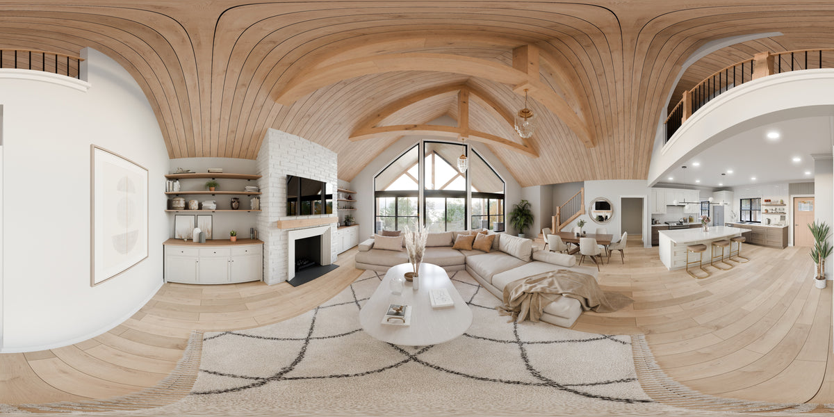 AJ7709-A Modern Barndominium House Great Room Panorama, 2 Bedrooms, 2 Bathrooms | Plan 1058 